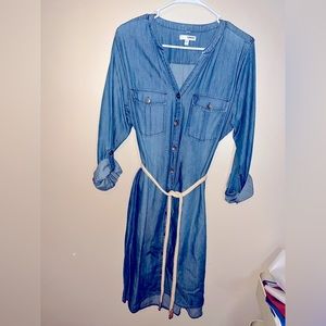 Denim dress, buttoned front with belt